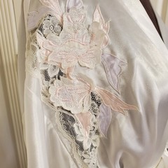 Natori Vintage White Cream Satin Robe Floral Lace Wedding Bridal Trousseau Large