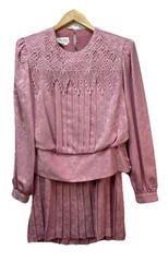 IN THE MOOD Womens 8 Blushing Pink Pleated Lace Cut Outs 2 Piece Dress Vintage