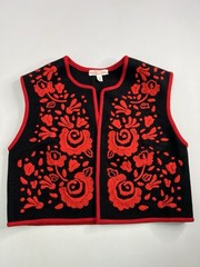 Vtg Narodna Radinost Beograd Folk Art Black Red Floral Handcrafted Vest Size 38