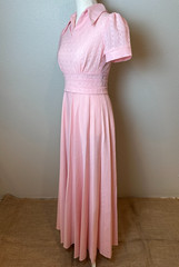 Vtg 70s Pink Maxi Dress Collared Shirt Waist Fit Coquette Pleats Sz 8 Fits XS/S