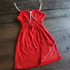 Vintage 1970 Terry Cloth Ultra Mini Dress Red Rope Strap Beach Coverup Tunic Top