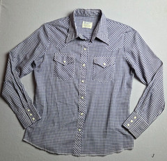 Vintage 70s Wrangler Button Shirt Womens Medium Blue Plaid Pearl Snap Western