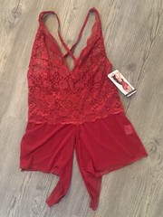 Vintage Shirley of Hollywood Open Crotch Teddy Romper Size M Red Lace New W/tag