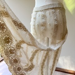 Vintage Hand Crochet Ivory Cotton Lace Maxi Skirt with Rosette Details
