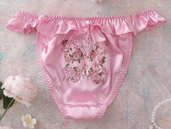 Glossy Romantic Countryside Pink Satin & Floral Bikini Brief Panties XL NEW