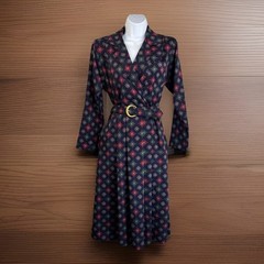 Vintage Leslie Fay Dress 8 Navy Belted Geometric Faux Wrap Stunning! Pinup Retro