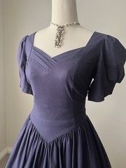 Vintage 80s Laura Ashley Navy Cotton Dress – Puff Sleeve – Basque Waist – UK 14