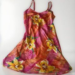 Vintage slip dress vibrant pink and orange floral print on silky satin fabric.