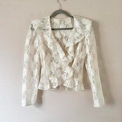 Vintage white lace blouse small ruffle sheer wrap peplum union long sleeve
