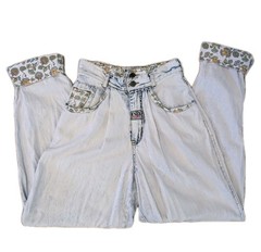 Vtg GET USED by ELIE High Waist Floral Patches Acid Wash Mom Jeans Streetwear 90