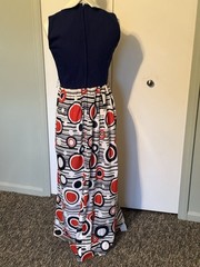 Vtg Mod Geometric Print Maxi Dress Red White & Blue 60s 70s Retro Hostess Op Art