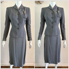 1940s 3pc Skirt Suit Set Nipped Waist Blazer Jacket Pinstripe Bib Rhinestone VTG