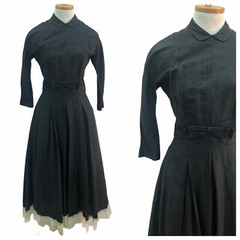 Vintage VTG 1950s 50s Gigi Young Black Full Length Party Dress with Lace Hem