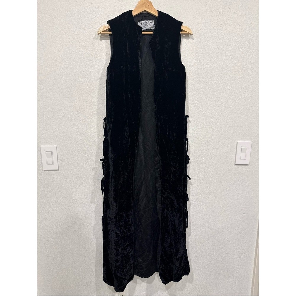 Swee Lo Vintage Long Black Velvet Sleeveless Duster Vest – S/M