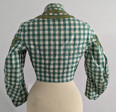 CIVIL WAR 1860’S GREEN CHECK SILK TAFFETA BODICE W/ SILK STRIPE DETAIL