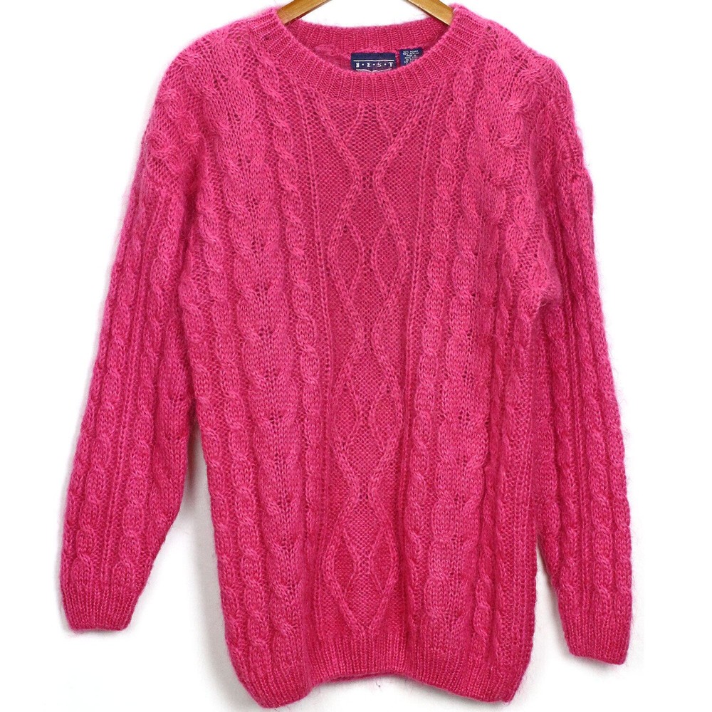 80s Vintage Fuzzy Mohair Blend Long Pullover Sweater Cable Knit Magenta Pink S/M