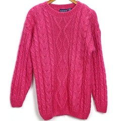 80s Vintage Fuzzy Mohair Blend Long Pullover Sweater Cable Knit Magenta Pink S/M