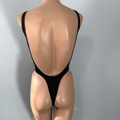 Vintage Brazilian Black One Piece Thong Swimsuit with High Thigh and Backless SM