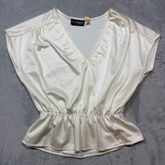 Vintage 80s Off White Synthetic Satin Peplum Blouse Surplice V-Neck Top Size S