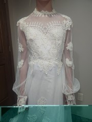 VTG 1970s Beaded Wedding Dress High Neck Illusion Lace Angel Sleeve ILGWU Train