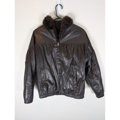 Vintage Women’s S 6 Opossum Brown Leather Bomber Jacket Dyed Fur Trim Lining