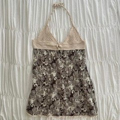 Vintage Flying Tomato S Brown Floral Crochet Halter Mini Dress