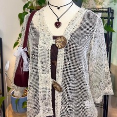 Vintage Y2K Nina Leonard Beige Mesh Cardigan Shawl Size S Lagenlook Boho