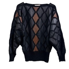 Vintage Leather Patchwork Sweater Diamond Knit Oversized Vintage Eclectic 80s
