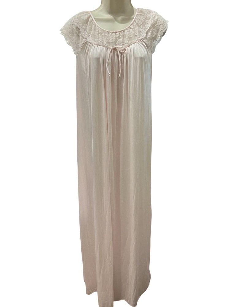 Vtg Gilead Pink Nylon Maxi Nightgown Lace Trim Hollywood Glamour Romantic S
