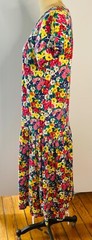 VTG 80’S-90’S RED BLUE YELLOW GREEN FLORAL PRINT DROP WAIST COTTON MIDI DRESS*S