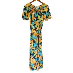 Vtg Hilo Hattie Maxi Dress Sz S Blue Hawaiian Muumuu Floral Hibiscus Shell Print