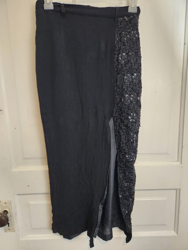 Vintage 90s Black Column Skit With Sequin Embellished Lace Panel 24″ Waist
