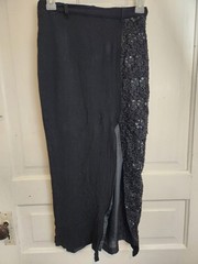 Vintage 90s Black Column Skit With Sequin Embellished Lace Panel 24″ Waist