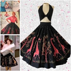 50s Vtg Giraffe Skirt *As Seen In BACK TO THE FUTURE 2* Novelty Print Pink Black