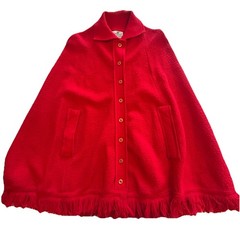 60s MCM Red Granny Cape Poncho Fringe Sweater Cardigan Orlon Acrylic sweeTree