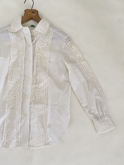 VTG 70s XS / Small Ivory White Sheer Blouse Long Sleeve Cotton Lace Majorette