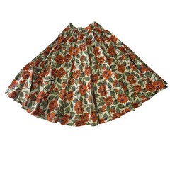 Vintage 60s Handmade Floral Full Skirt Green Rust Navy Folk XS
