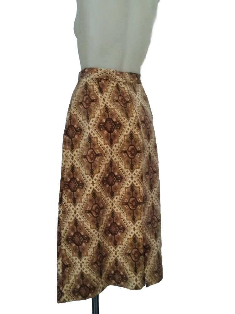 70,S AYWON Patterned Velvet Midi Skirt In Brown/ Cream.Waist70cm,Hip 95 Cm.Looks