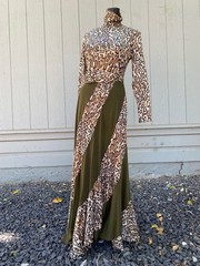 Vintage 70s Leopard Maxi Dress Mock Neck Animal Print Disco Glam Boho XS S