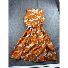 VTG 60s Orange Floral Tank Fit Flare Dress Mid Century Modern Retro Tropical XS