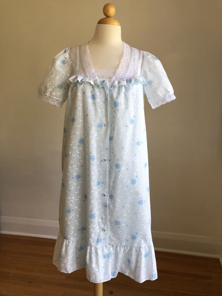 STUNNING NWOT VTG STARDUST Blue Floral White Lace 2pc Nightgown Robe Set SZ S