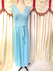 Vintage Lingerie Long Sexy Silky Nightgown Blue Size Medium 40″ Bust