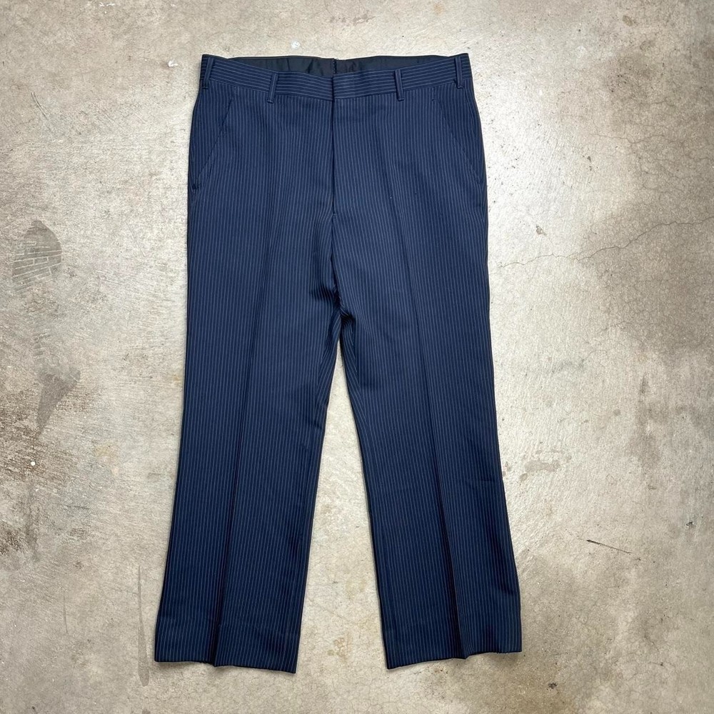 Vintage 80s Trousers Navy blue pinstripe 34×28 flat front talon zipper