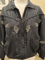 Vintage Retro Fuda L 100% Silk Black Bomber Jacket W Gold Embroidered Leaves