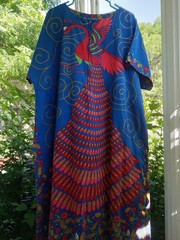 70’s Vibe Kaftan Peacock Multicolor Floral Hippie Boho Dress Mid Maxi