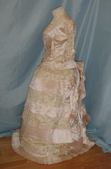 Victorian Antique Wedding Bustle Dress 1880 Satin & Blonde Lace Trim / Label