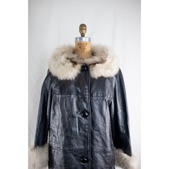 Vintage 70s Black Leather Fox Fur Coat, Mob Wife Luxury Glam Trench, Rocker, S M