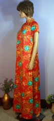 Vintage ‘70s Hilo Hattie’s Mandarin Collar A-line Hostess Gown, Orange, Mod 6/7