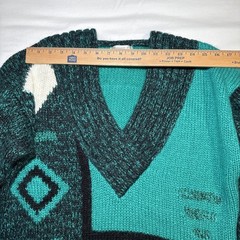 Vtg Susann D Sweater M Teal Ivory Geo Abstract Chunky Knit Wool Angora Blend EUC