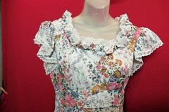 Vintage Gunne Sax Style Prairie Peasant Dress White Eyelet Lace ruffled Hem Med